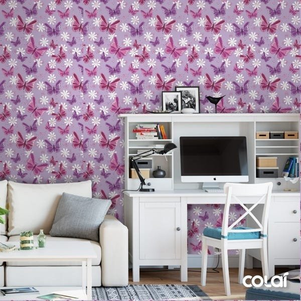 Papel De Parede Lavável Borboletas 3D Fundo Roxo 12m - 4