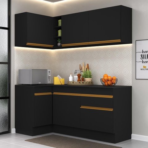 Armário de Cozinha Compacta de Canto com Rodapé Veneza Multimóveis V2092 Preto/dourado