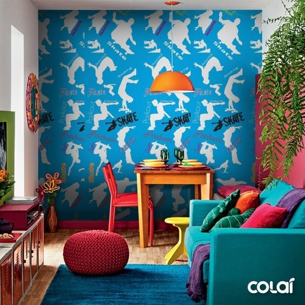 Papel De Parede Adesivo Lavável Skate Fundo Azul 9m - 6