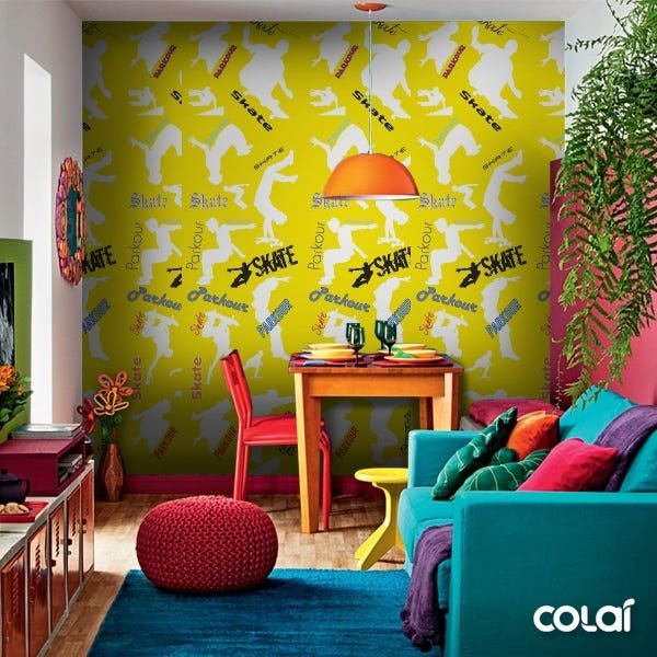 Papel De Parede Adesivo Lavável Skate Fundo Amarelo 6m - 6