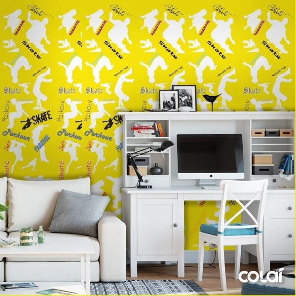 Papel De Parede Adesivo Lavável Skate Fundo Amarelo 6m - 2