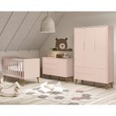 Ver imagem 2 de Dormitório Infantil Theo Retrô 3 Portas, Cômoda 1 Porta, Berço Rosa Fosco com Pés Amadeirado e Colch