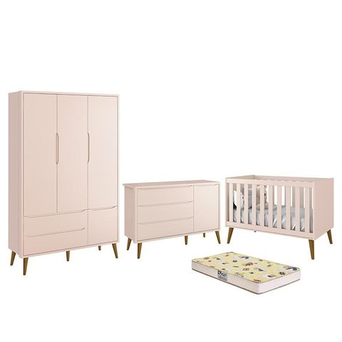 Dormitório Infantil Theo Retrô 3 Portas, Cômoda 1 Porta, Berço Rosa Fosco com Pés Amadeirado e Colch