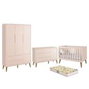 Ver imagem 1 de Dormitório Infantil Theo Retrô 3 Portas, Cômoda 1 Porta, Berço Rosa Fosco com Pés Amadeirado e Colch