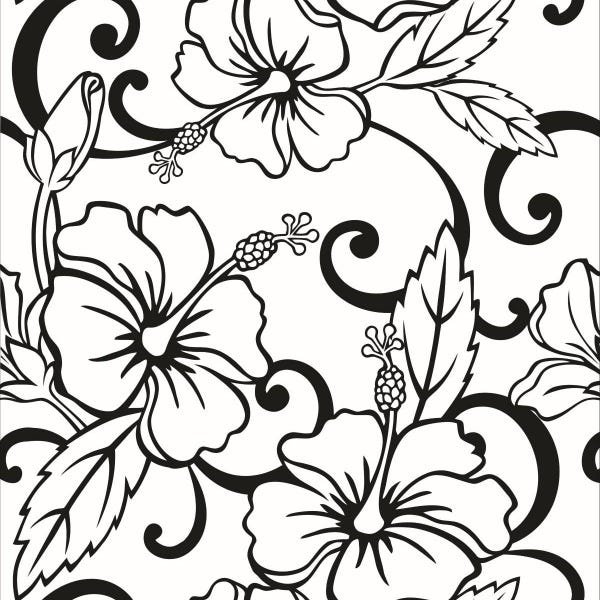 Papel De Parede Adesivo Lavável Hibisco Preto E Branco 18m - 1