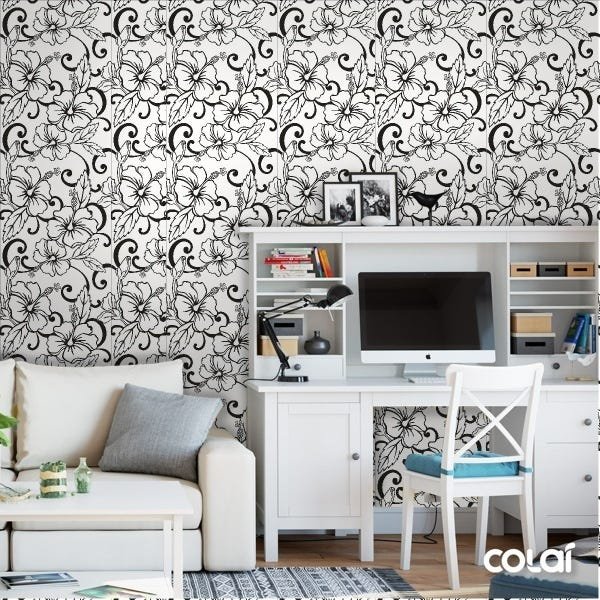 Papel De Parede Adesivo Lavável Hibisco Preto E Branco 18m - 2