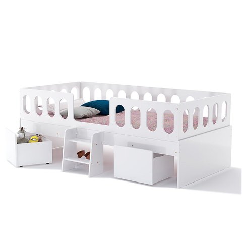 Cama Juvenil Lara Solteiro com Nichos Escadinha e Colchão em Madeira Baby Mobília Premium - Branco
