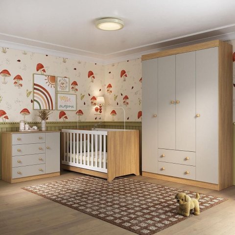Quarto de Bebê Completo Berço Americano 3 em 1 Encanto Multimóveis Mp4581 Madeirado/off White
