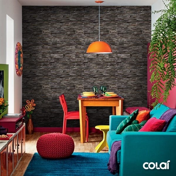 Papel de Parede Adesivo Lavável Filete Pedra 3D Escura 15m - 4