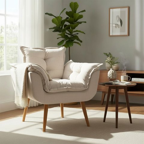 Poltrona Decorativa Alice para Sala Recepção Manicure Clínica Sala de Espera Linho Bege Luxo