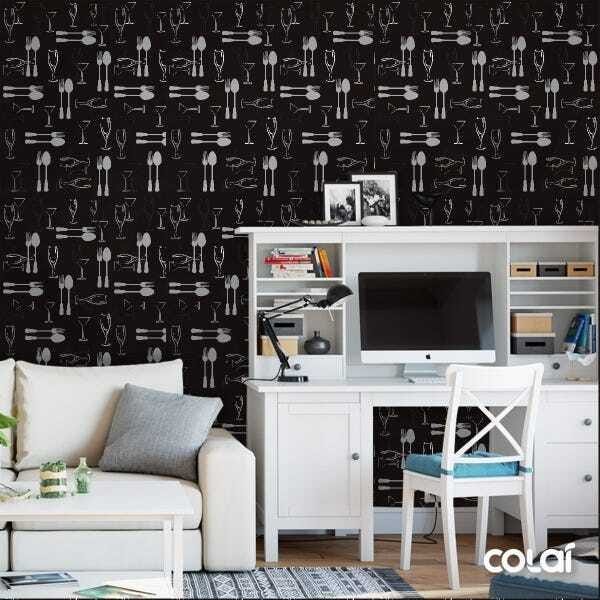 Papel De Parede Lavável Talheres Com Fundo Preto 6m - 2