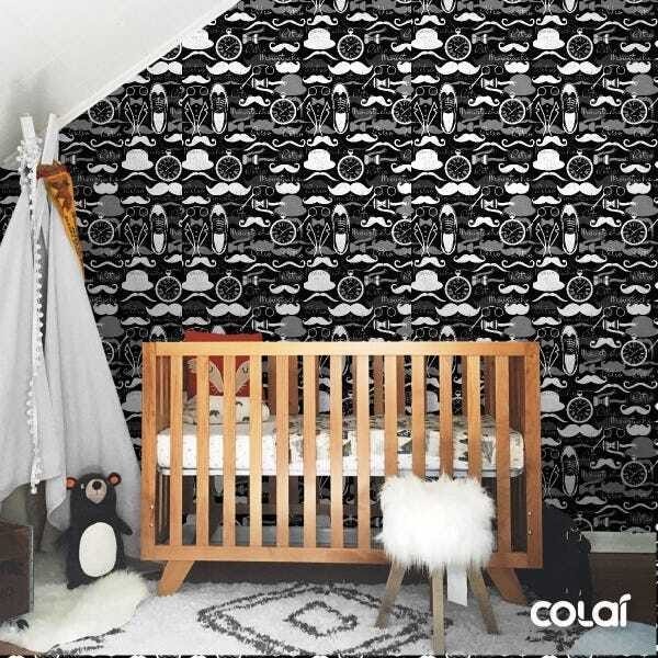 Papel De Parede Lavável Moustache Preto E Branco 6m - 6