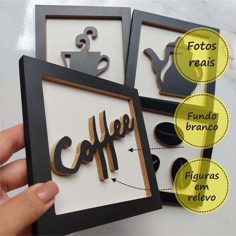 4 Quadros Decorativos Cantinho do Café MDF em Relevo:Branco - 3