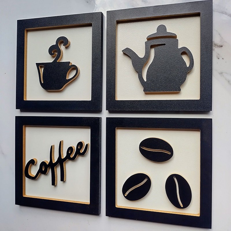 4 Quadros Decorativos Cantinho do Café MDF em Relevo:Branco - 2