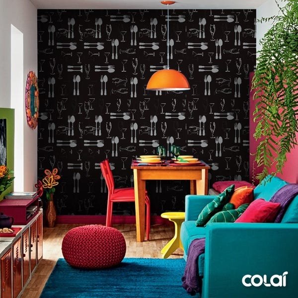 Papel De Parede Lavável Talheres Com Fundo Preto 12m - 5