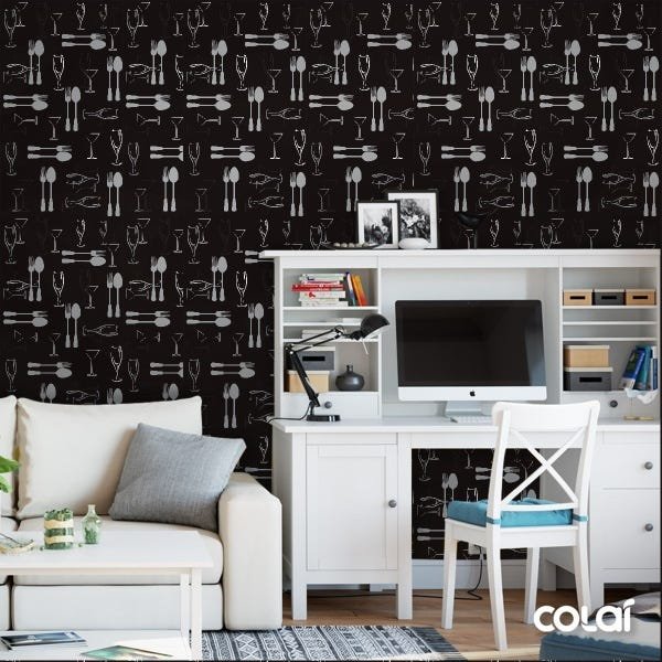 Papel De Parede Lavável Talheres Com Fundo Preto 12m - 2