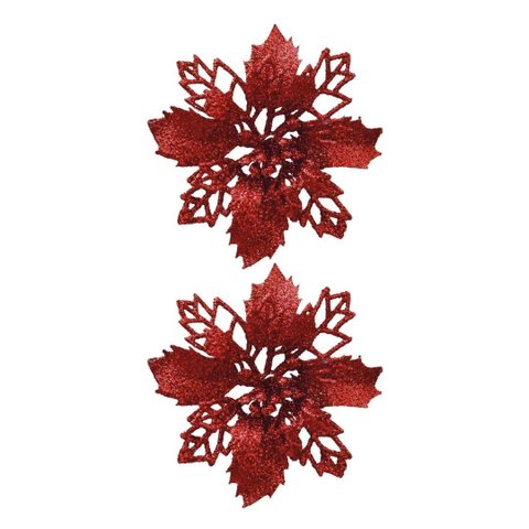 Jogo 2 Flores Bico de Papagaio Vermelha Natal Pick Glitter 9cm com Presilha - Magizi