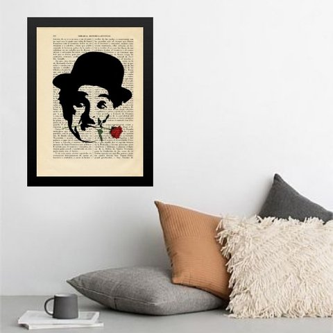 Quadro Charlie Chaplin Vintage - Romântico 33x24cm - com Vidro:madeira Branca