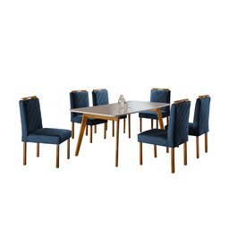 Conjunto Sala de Jantar 6 Lugares Mesa Slim Madeira Maciça e Cadeiras em Veludo Azul - 2
