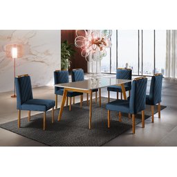Conjunto Sala de Jantar 6 Lugares Mesa Slim Madeira Maciça e Cadeiras em Veludo Azul - 1