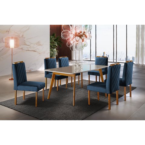 Conjunto Sala de Jantar 6 Lugares Mesa Slim Madeira Maciça e Cadeiras em Veludo Azul