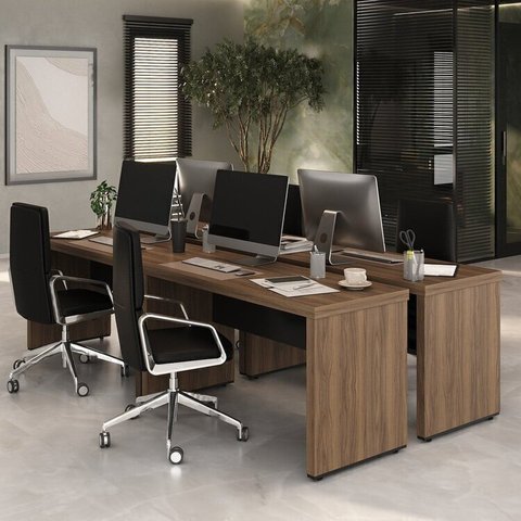 Conjunto Mesa Escritório Tamburato 135,6cm para 4 Pessoas Marrom/Nogal/Preto Artany