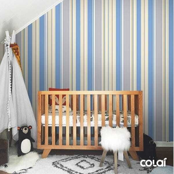 Papel De Parede Adesivo Lavável Listrado Cinza E Azul 6m - 7