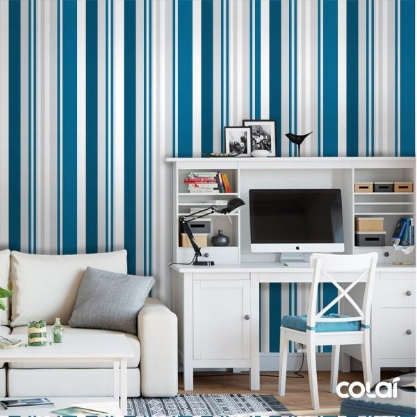 Papel De Parede Adesivo Lavável Listrado Azul Turquesa 15m - 2
