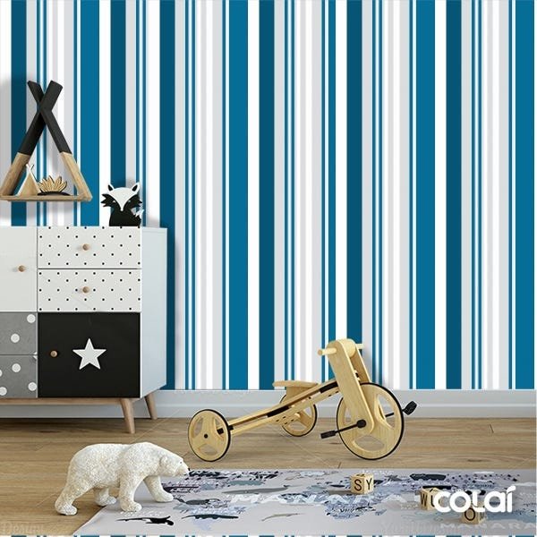 Papel De Parede Adesivo Lavável Listrado Azul Turquesa 15m - 6