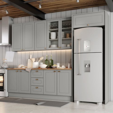 Cozinha Modulada 285cm com Vidro e Fechamento de Geladeira 10 Portas 3 Gavetas Americana Henn - Cinz