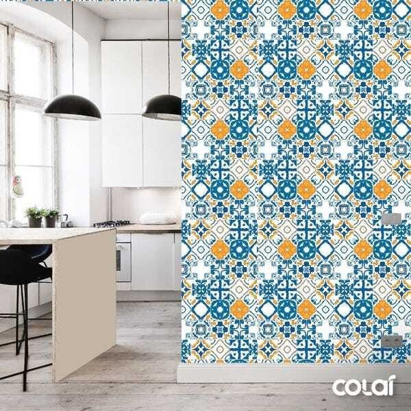 Papel de Parede Adesivo Lavável Vidrado Português Azul 12m - 3