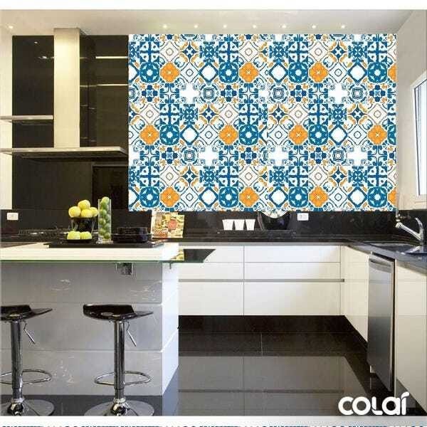 Papel de Parede Adesivo Lavável Vidrado Português Azul 12m - 2