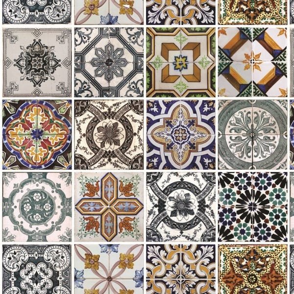 Papel de Parede Lavável Azulejo Português Marrom 12m - 1