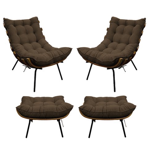 Kit 02 Poltronas e 02 Puffs Costela Base Fixa Suede - Doce Sonho Móveis - Marrom