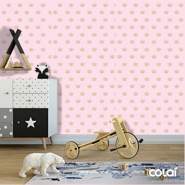 Papel de Parede Adesivo Lavável Coroa com Fundo Rosa 3m - 5