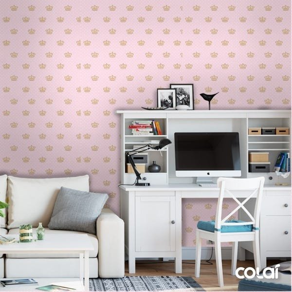 Papel de Parede Adesivo Lavável Coroa com Fundo Rosa 3m - 2
