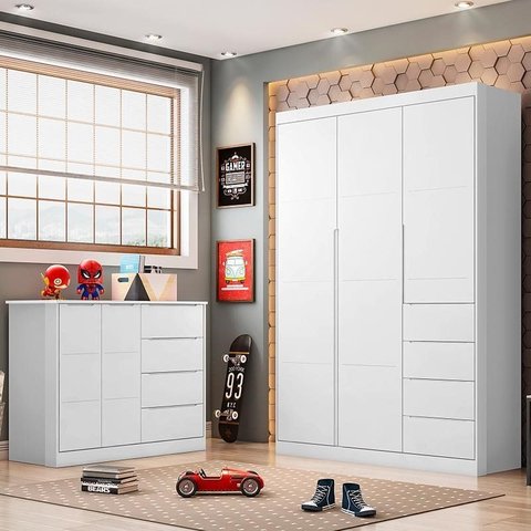 Jogo de Quarto Infantil Eloá com Guarda Roupa e Cômoda Branco - Phoenix Baby
