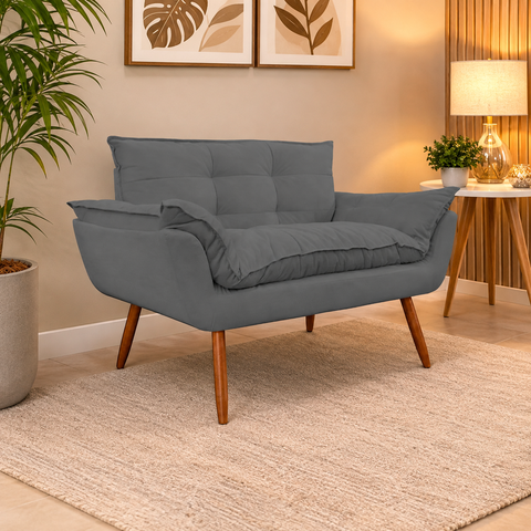 Sofá 2 Lugares Namoradeira Opala para Sala Pés Palito Suede Cinza - W&d Decor