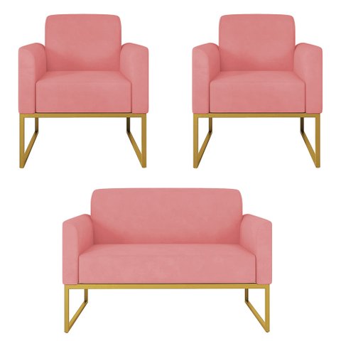 Kit Namoradeira e 2 Poltronas Decorativas Base Industrial Dourada Maressa S17 Suede Rosê - Ibiza