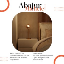 Abajur Luminária de Mesa Michele Dourado com Globo Vidro Fosco 12cm para Sala, Quarto, Cama - 5