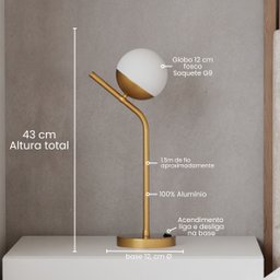 Abajur Luminária de Mesa Michele Dourado com Globo Vidro Fosco 12cm para Sala, Quarto, Cama - 4
