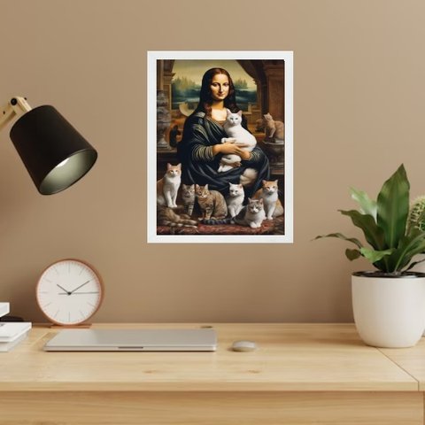 Quadro Mona Lisa com Gatos 24x18cm - com Vidro:moldura Branca