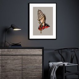 Quadro Decorativo Mãos com Terço - 60x48cm:madeira Branca - 1