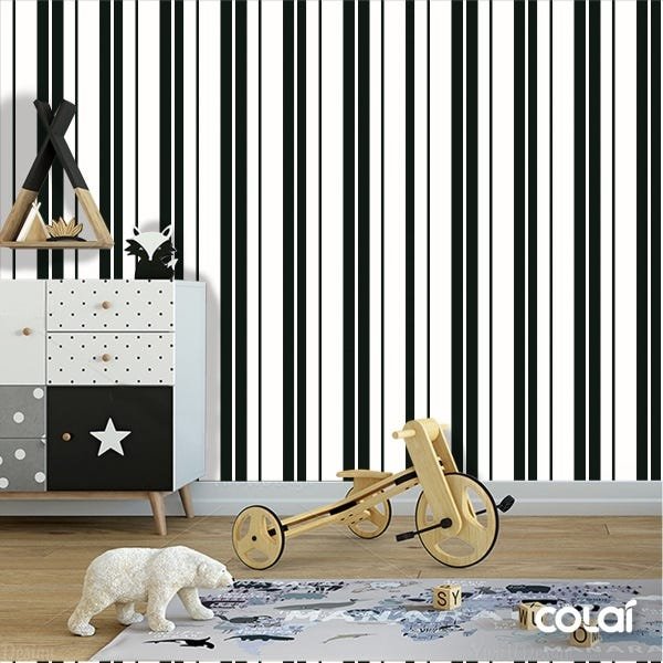 Papel De Parede Adesivo Lavável Listras Preta E Branca 3m - 6