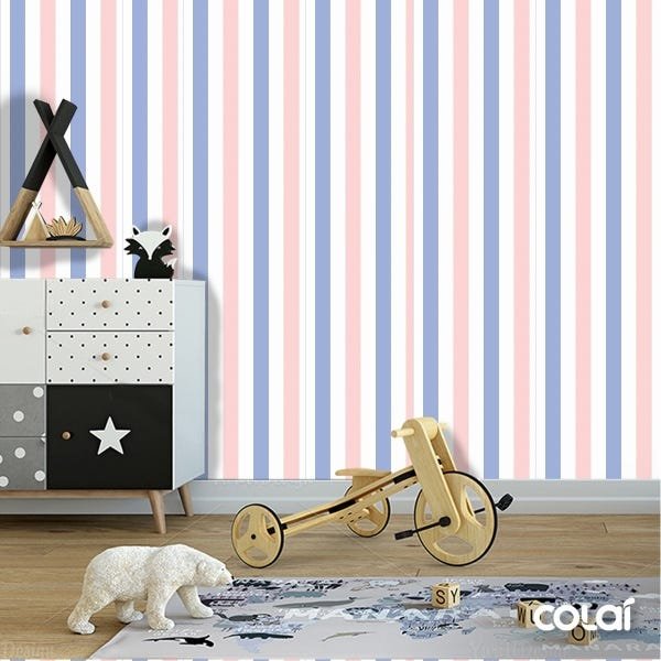 Papel De Parede Adesivo Lavável Listrado Rosa E Azul 3m - 6