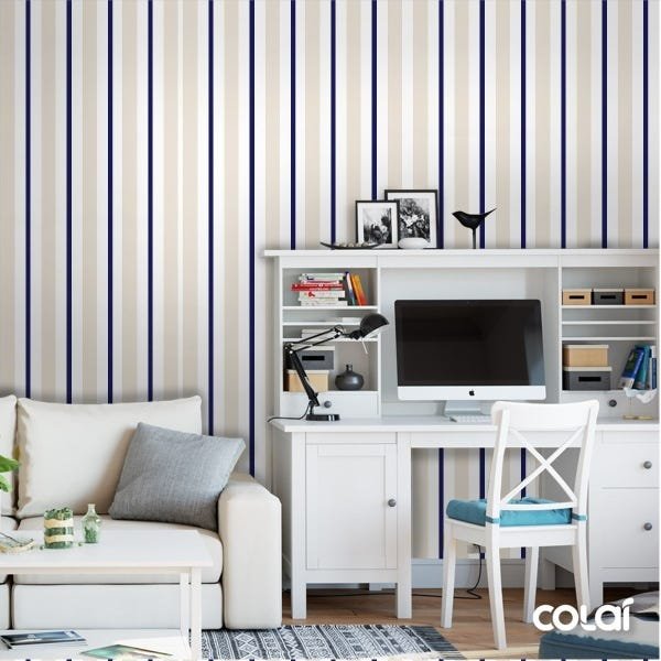 Papel De Parede Adesivo Lavável Listrado Azul Com Bege 9m - 2