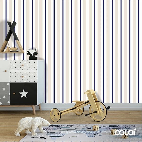 Papel De Parede Adesivo Lavável Listrado Azul Com Bege 9m - 6
