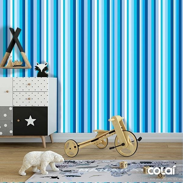 Papel De Parede Adesivo Lavável Listrado Branco E Azul 9m - 6
