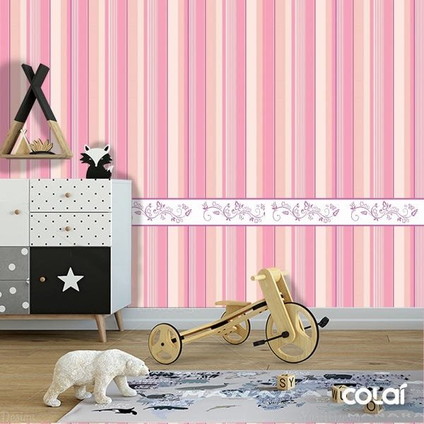 Papel De Parede Lavável Listrado Rosa E Borboletas 9m - 6