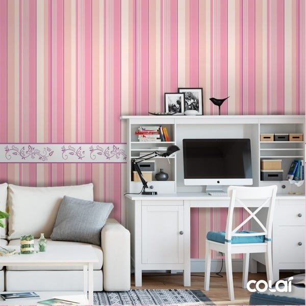 Papel De Parede Lavável Listrado Rosa E Borboletas 9m - 2